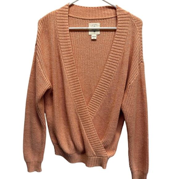 Billabong Knit Peach Deep V Neck Wrap Long Sleeve Sweater Spring Beachy M Soft - Picture 1 of 7